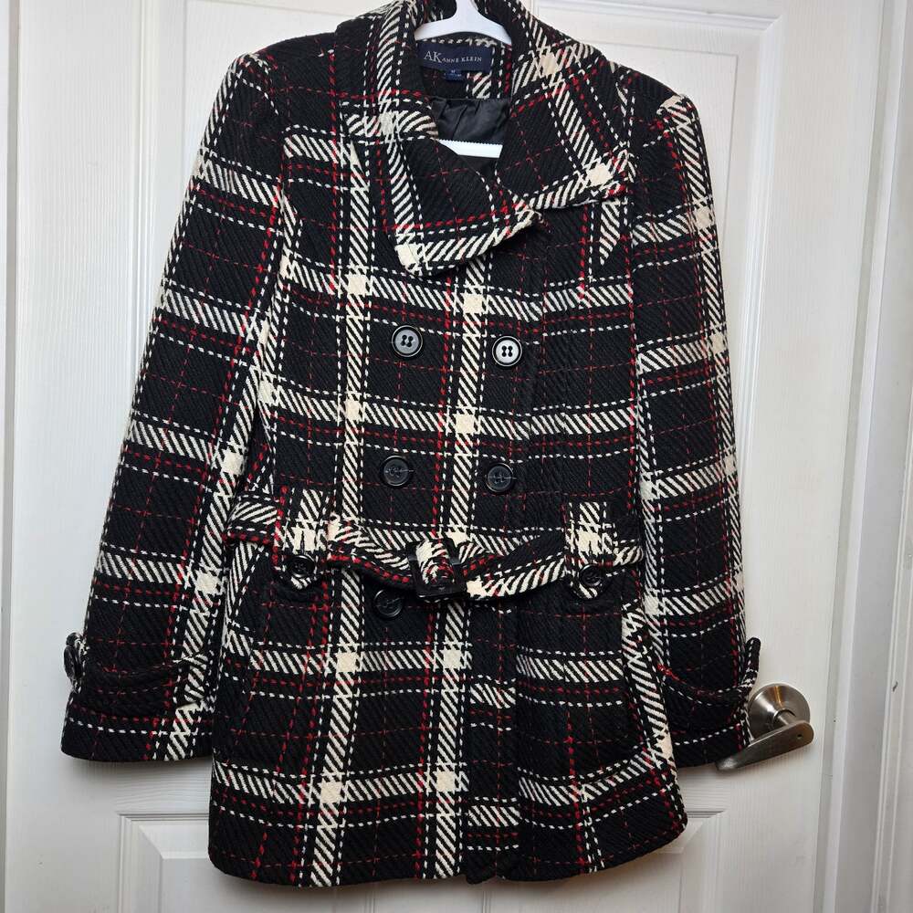 Vintage Y2K AK Anne Klein Womens Med Black Red Plaid Belted Pea Coat Jacket EUC